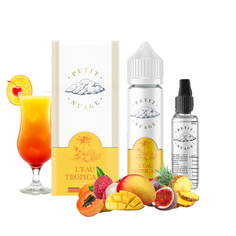 E-liquide l'eau tropicale 60ml Petit Nuage avec sa fiole graduée et son cocktail de fruit tropical oasis